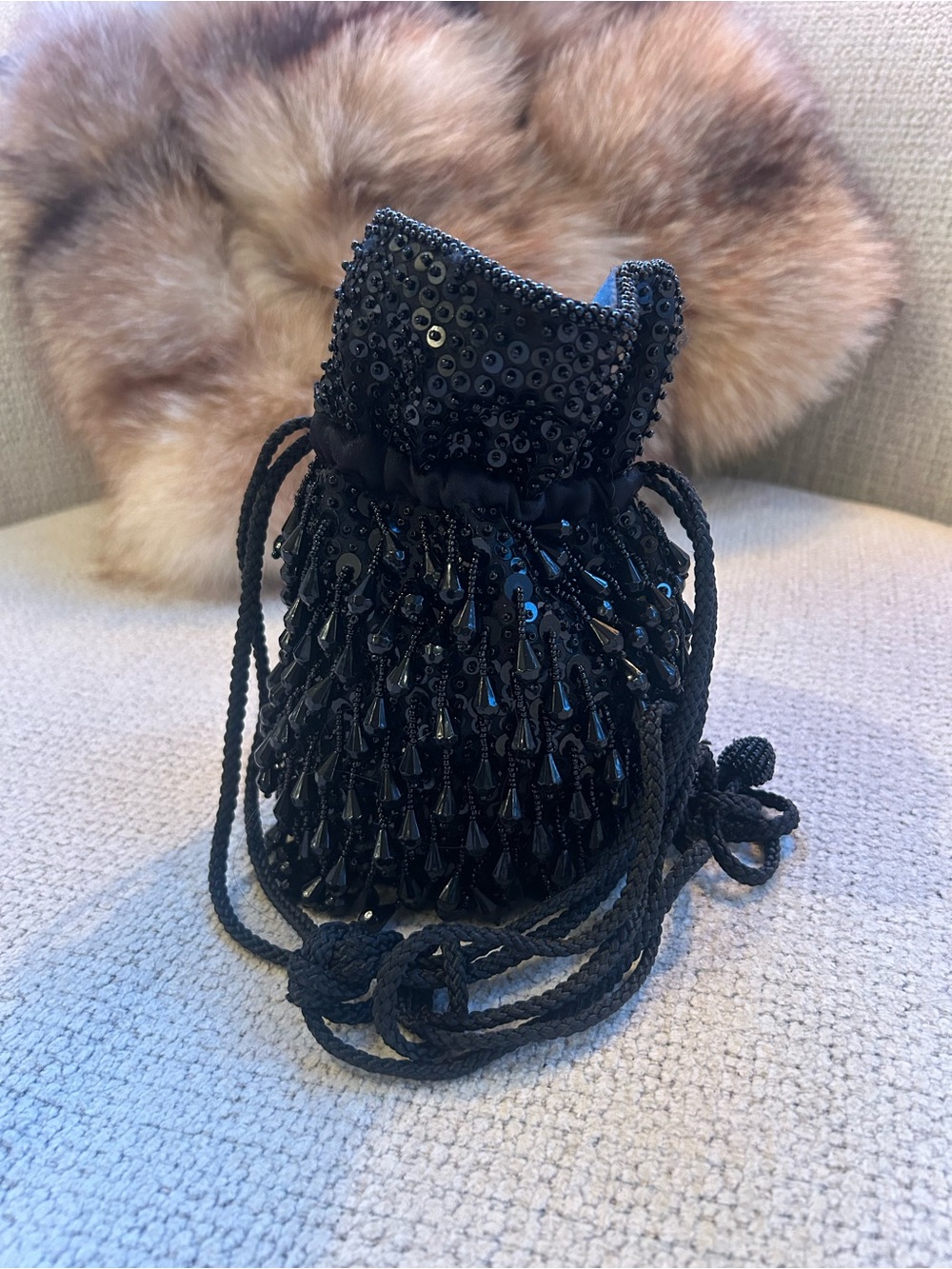 Beautiful and unique Vintage Black Beaded Drawstring Pouch❤️